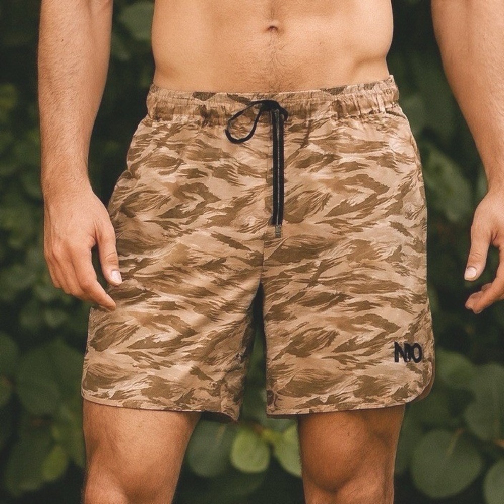 NFQ Mens 2XL Training Shorts Brown Camo 7" Lined Athletic Quick Dry Gym‎ Pockets